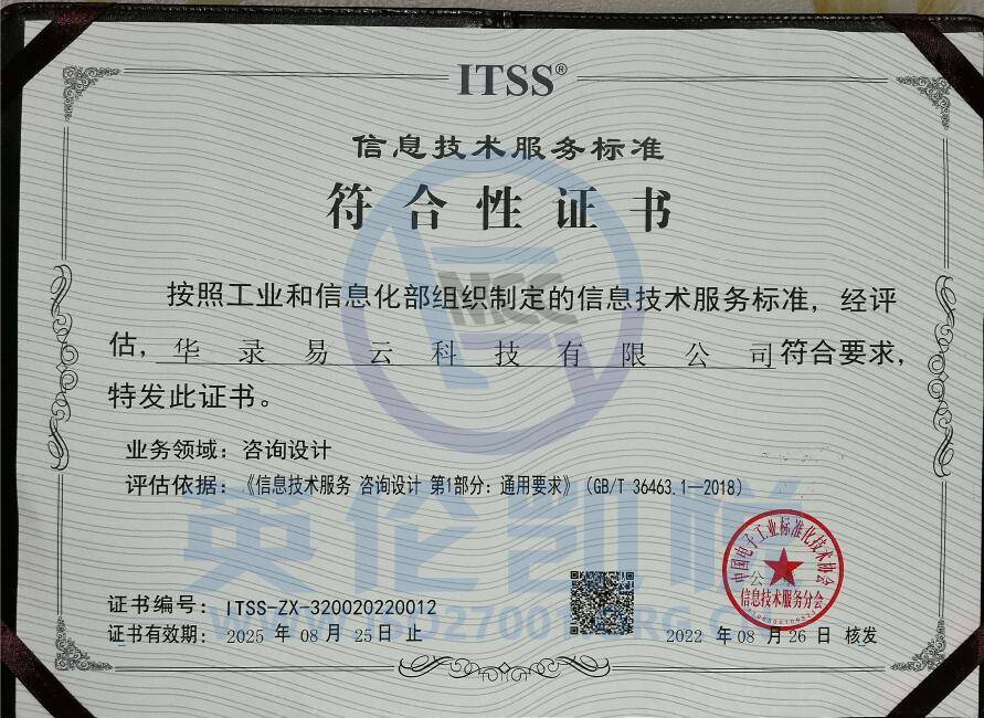 華路易云獲ITSS咨詢設計符合性評估證書，引領信息技術服務新標準
