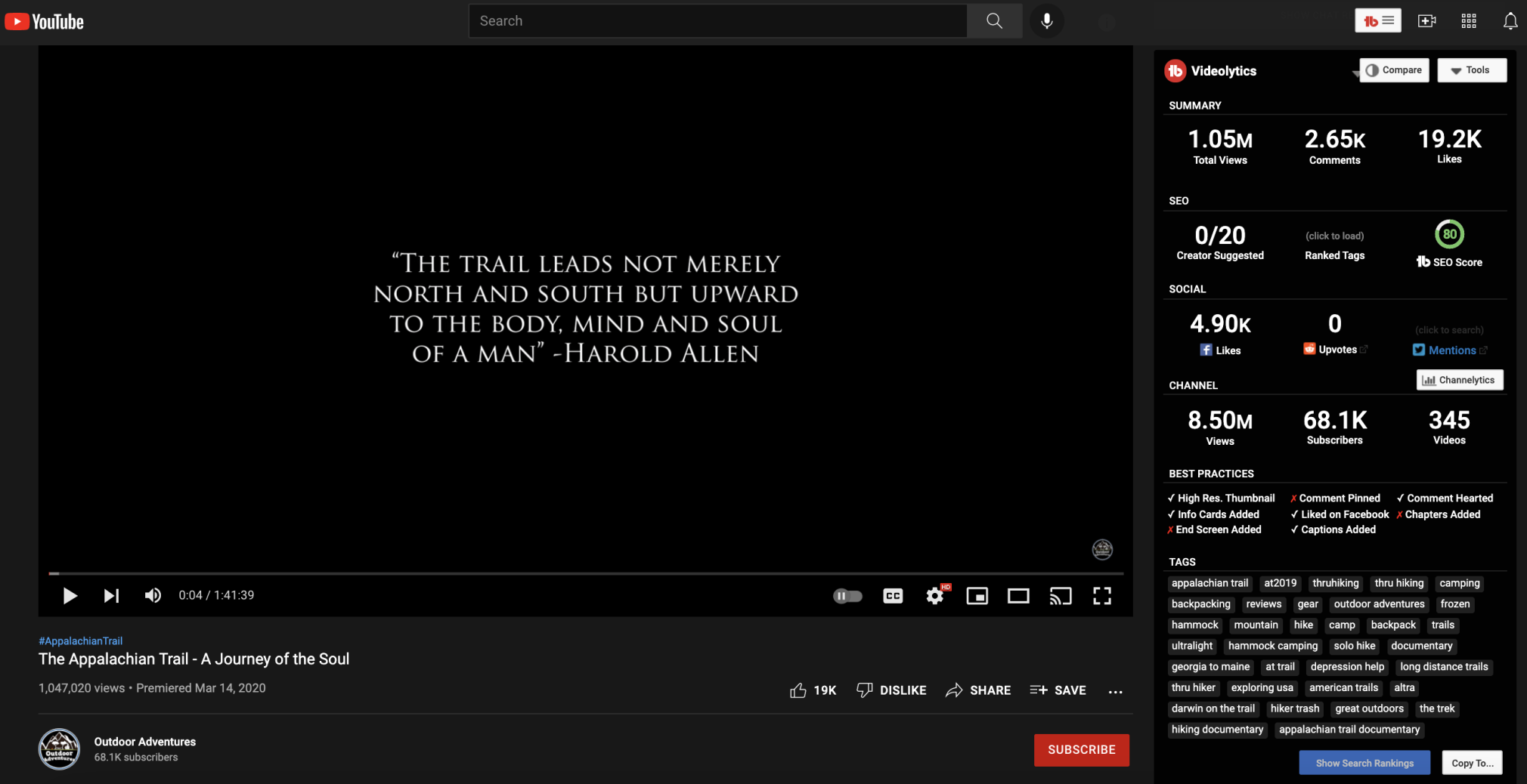 TubeBuddy 中的 Videolytics 面板