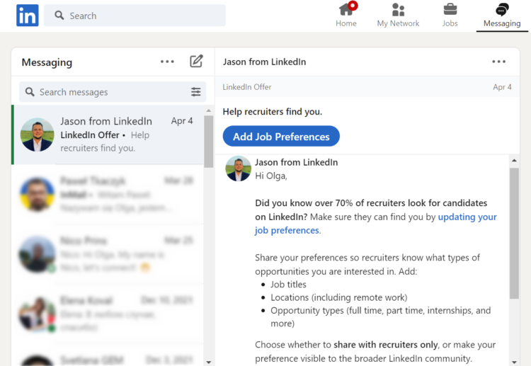 LinkedIn 廣告消息示例