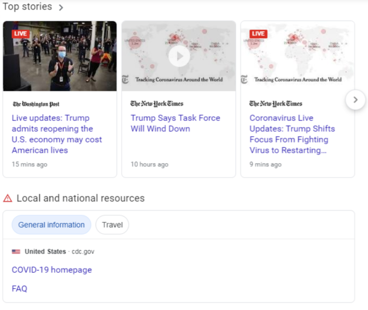 Google SERP 中與 COVID 相關(guān)的更改 - 示例