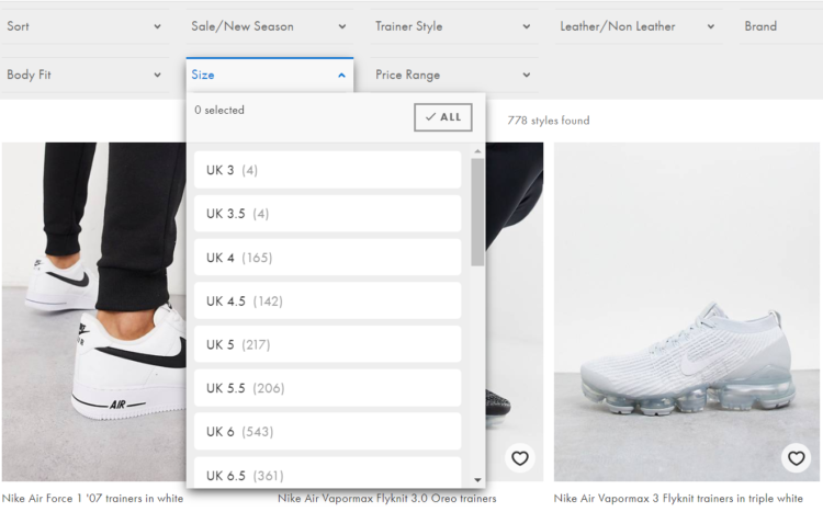 電子商務(wù) - 按大小篩選產(chǎn)品