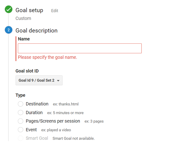 來自 Google Analytics（分析）的屏幕截圖 - 為轉(zhuǎn)化跟蹤創(chuàng)建新目標(biāo)