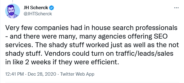 很少有公司擁有內(nèi)部搜索專業(yè)人員 - 但有很多很多機構(gòu)提供 SEO 服務。 陰暗的東西和不陰暗的東西一樣有效。 如果供應商效率高，他們可以在大約 2 周內(nèi)打開流量/線索/銷售。