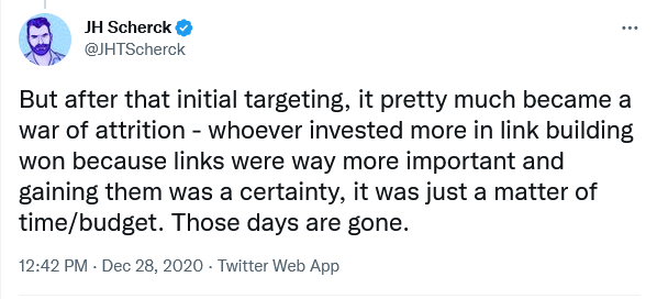 但在最初的目標之后，它幾乎變成了一場消耗戰(zhàn)——誰在鏈接建設上投入更多，誰就贏了，因為鏈接更重要，獲得鏈接是肯定的，這只是時間/預算的問題。 那些時光已逝。