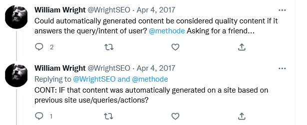 如果自動生成的內(nèi)容回答了用戶的查詢/意圖，是否可以將其視為優(yōu)質(zhì)內(nèi)容？ @methode 找朋友...繼續(xù)：如果該內(nèi)容是根據(jù)以前的站點使用/查詢/操作在站點上自動生成的？